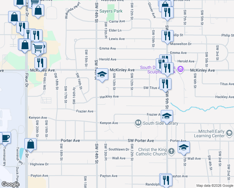 map of restaurants, bars, coffee shops, grocery stores, and more near 1300 Hackley Avenue in Des Moines