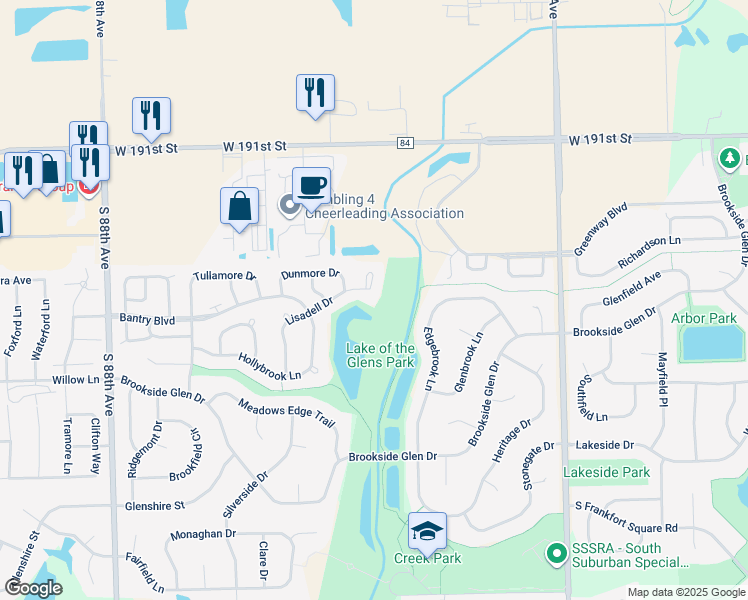 map of restaurants, bars, coffee shops, grocery stores, and more near 19333 Lisadell Drive in Tinley Park