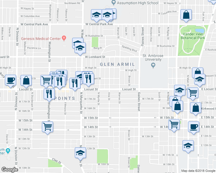 map of restaurants, bars, coffee shops, grocery stores, and more near 1004 Locust Street in Davenport