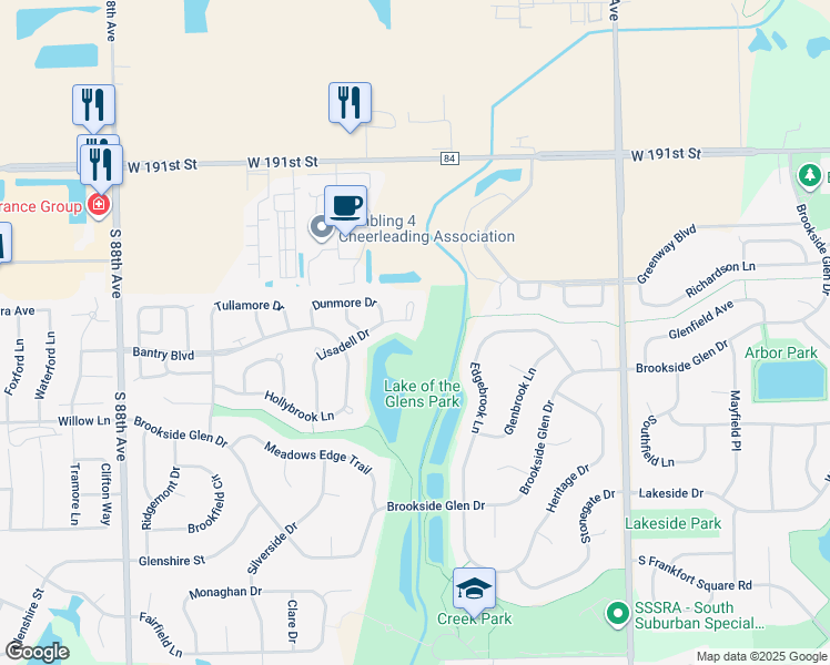 map of restaurants, bars, coffee shops, grocery stores, and more near 19333 Lisadell Drive in Tinley Park