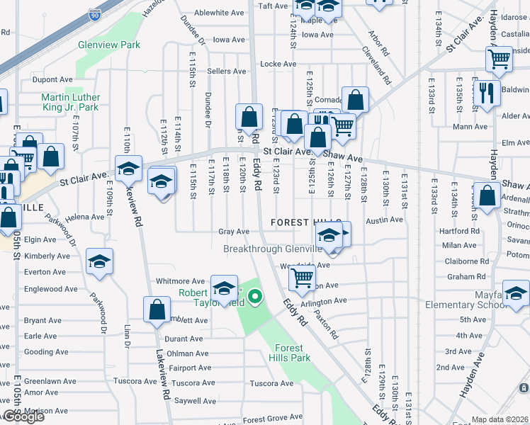 map of restaurants, bars, coffee shops, grocery stores, and more near 702 East 123rd Street in Cleveland