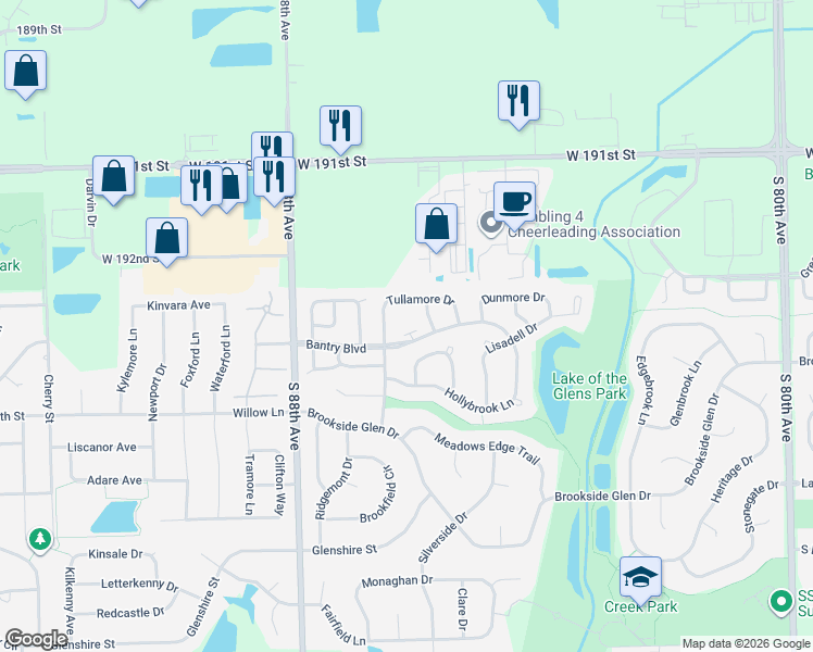 map of restaurants, bars, coffee shops, grocery stores, and more near 8610 Bangor Drive in Tinley Park