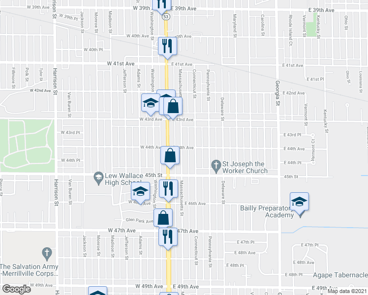 map of restaurants, bars, coffee shops, grocery stores, and more near 118 East 44th Avenue in Gary