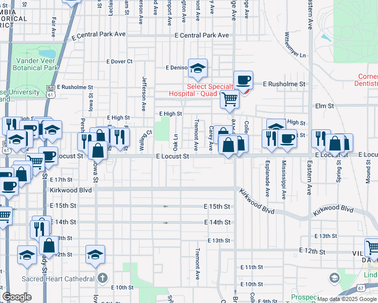 map of restaurants, bars, coffee shops, grocery stores, and more near 918 East Locust Street in Davenport