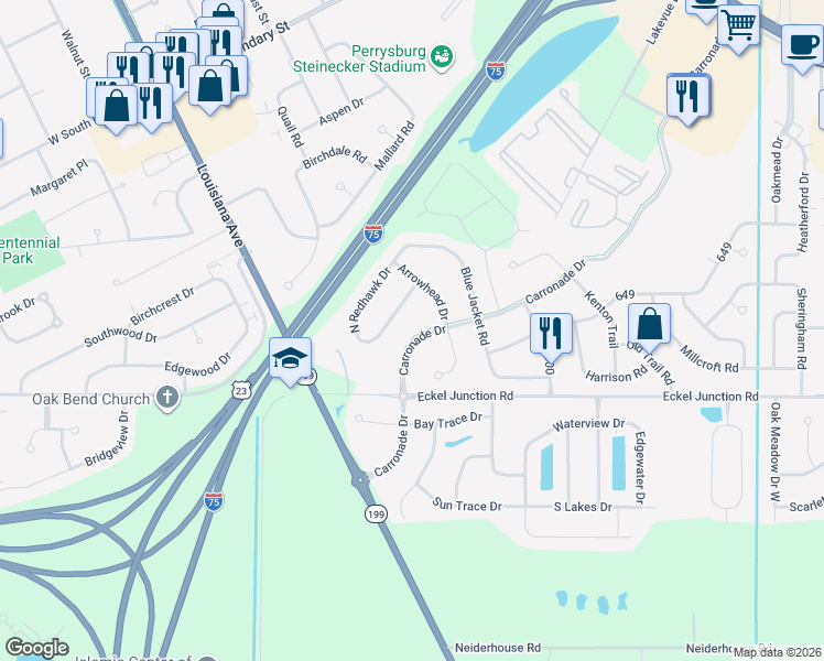 map of restaurants, bars, coffee shops, grocery stores, and more near 26432 Carronade Drive in Perrysburg