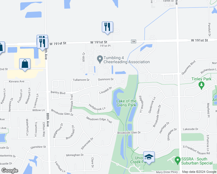 map of restaurants, bars, coffee shops, grocery stores, and more near 19362 Lisadell Drive in Tinley Park