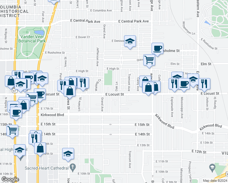 map of restaurants, bars, coffee shops, grocery stores, and more near 810 East Locust Street in Davenport