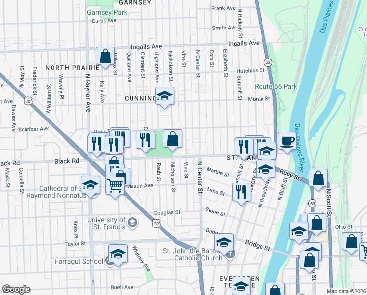 map of restaurants, bars, coffee shops, grocery stores, and more near 455 Ruby Street in Joliet