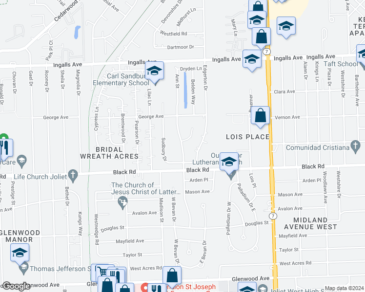 map of restaurants, bars, coffee shops, grocery stores, and more near 815 Ann Street in Joliet