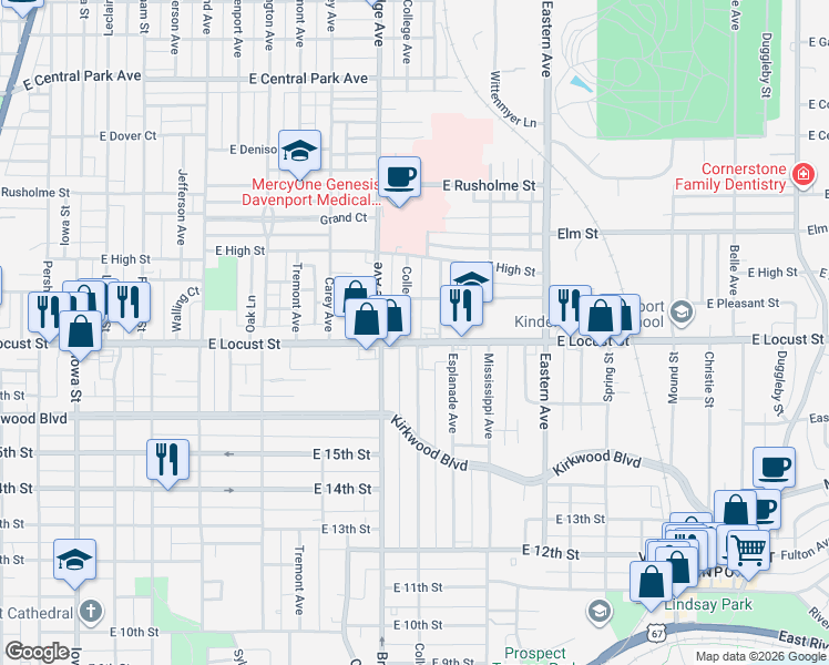 map of restaurants, bars, coffee shops, grocery stores, and more near 1223 East Locust Street in Davenport