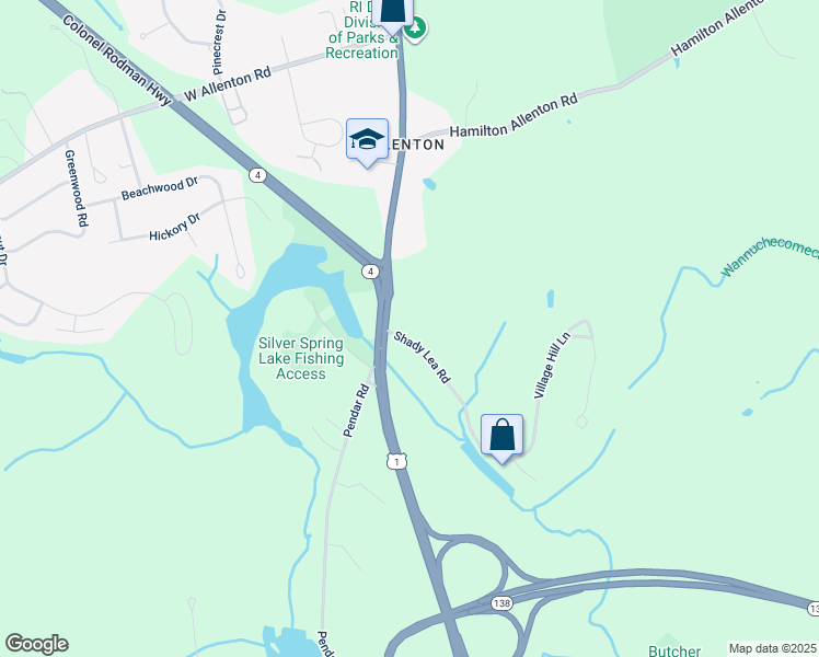 map of restaurants, bars, coffee shops, grocery stores, and more near 33 Shady Lea Road in North Kingstown