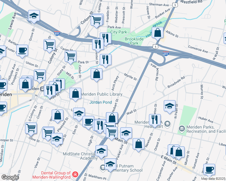 map of restaurants, bars, coffee shops, grocery stores, and more near 53 Arch Street in Meriden