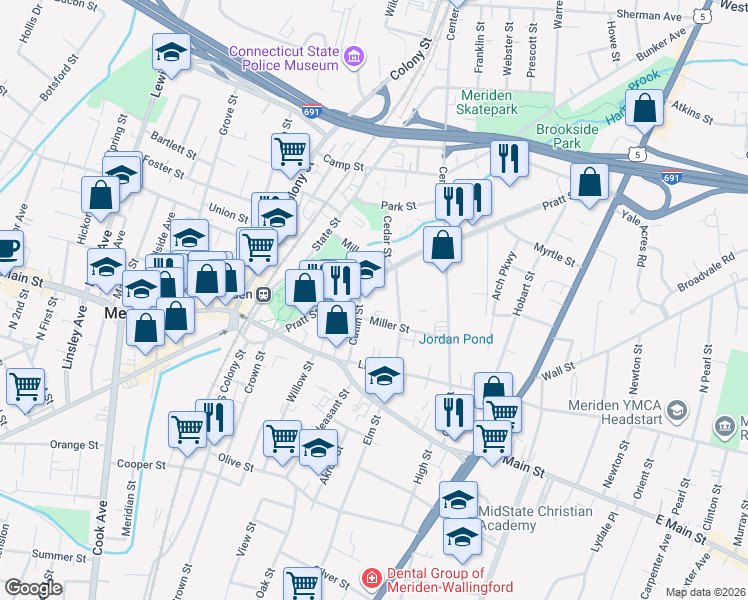 map of restaurants, bars, coffee shops, grocery stores, and more near 116 Miller Street in Meriden