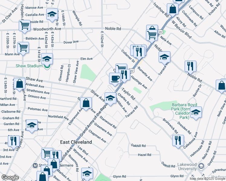 map of restaurants, bars, coffee shops, grocery stores, and more near 15317 U.S. 6 in East Cleveland