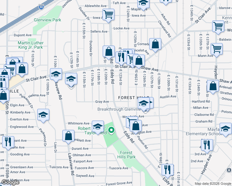 map of restaurants, bars, coffee shops, grocery stores, and more near 702 East 123rd Street in Cleveland