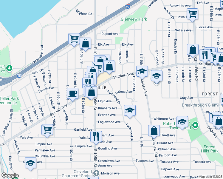 map of restaurants, bars, coffee shops, grocery stores, and more near 10622 Helena Avenue in Cleveland