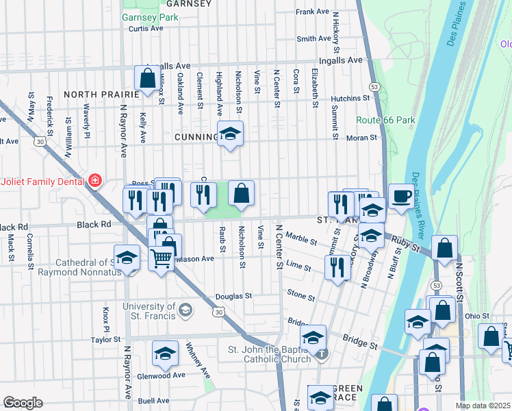 map of restaurants, bars, coffee shops, grocery stores, and more near 455 Ruby Street in Joliet