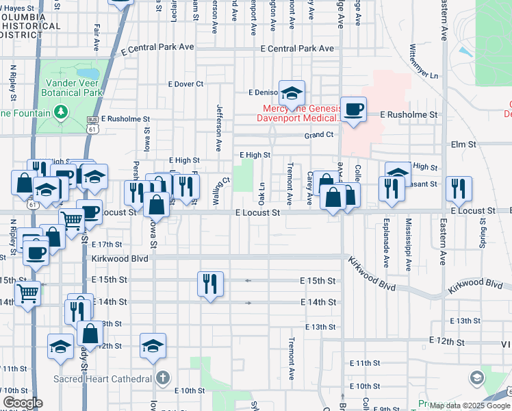 map of restaurants, bars, coffee shops, grocery stores, and more near 1822 Davenport Avenue in Davenport