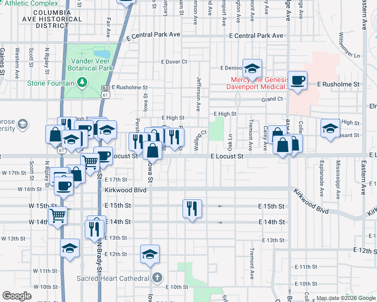 map of restaurants, bars, coffee shops, grocery stores, and more near 1818 Farnam Street in Davenport