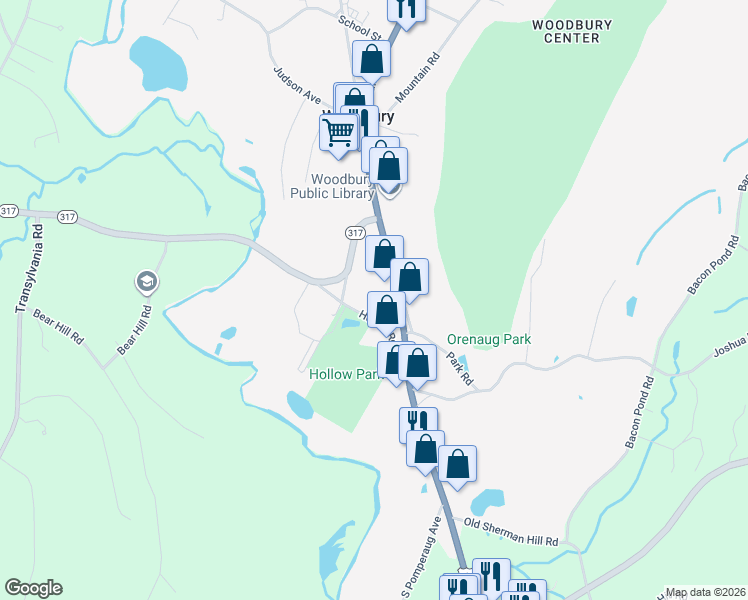 map of restaurants, bars, coffee shops, grocery stores, and more near 34 Hollow Road in Woodbury