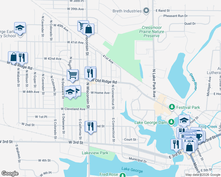 map of restaurants, bars, coffee shops, grocery stores, and more near 55 North Connecticut Street in Hobart