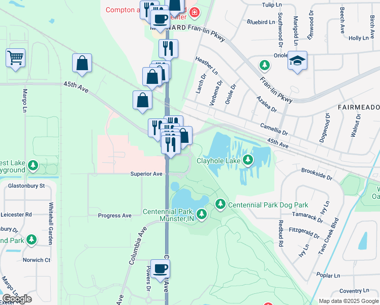 map of restaurants, bars, coffee shops, grocery stores, and more near North Centennial Drive in Munster