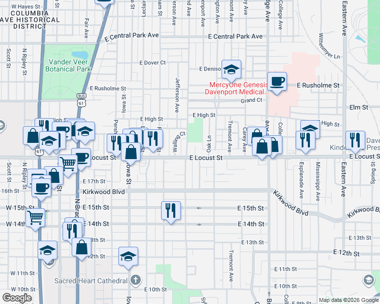 map of restaurants, bars, coffee shops, grocery stores, and more near 1907 Grand Avenue in Davenport