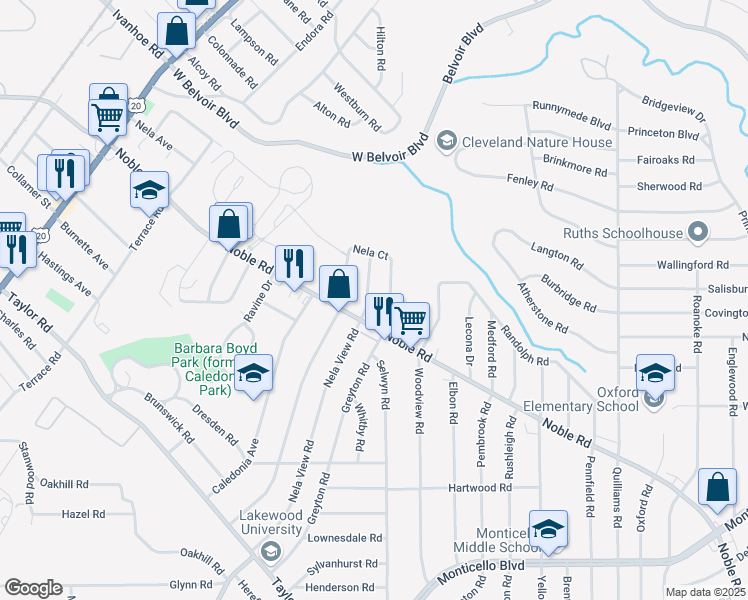 map of restaurants, bars, coffee shops, grocery stores, and more near 16122 Nela View Road in East Cleveland