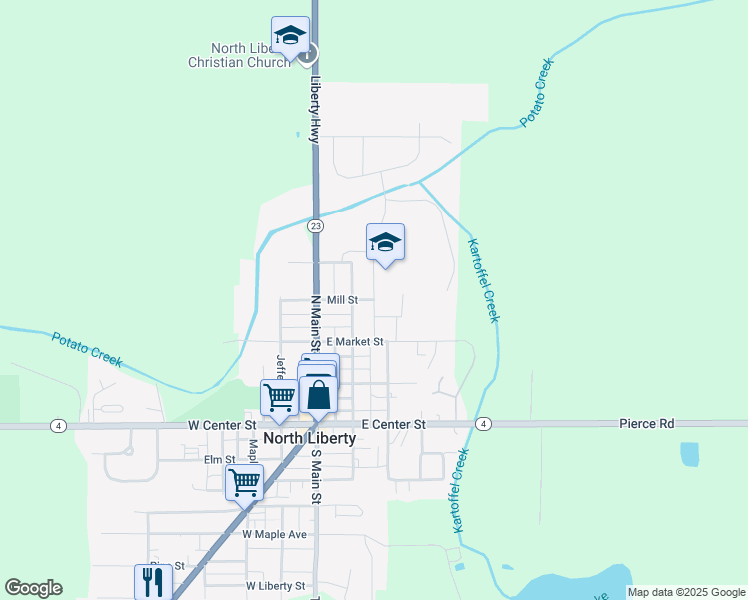 map of restaurants, bars, coffee shops, grocery stores, and more near School Drive in North Liberty