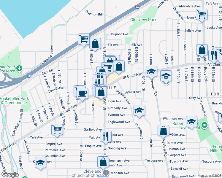 map of restaurants, bars, coffee shops, grocery stores, and more near 10504 Helena Avenue in Cleveland