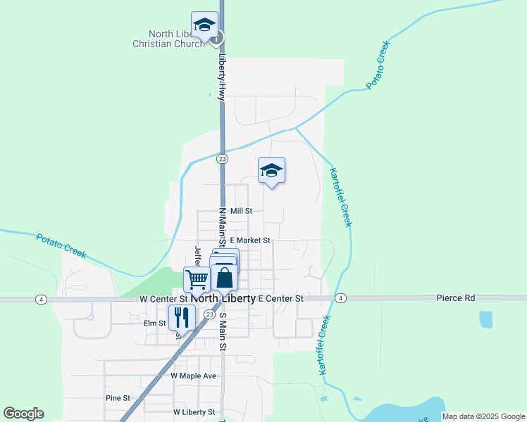 map of restaurants, bars, coffee shops, grocery stores, and more near School Drive in North Liberty