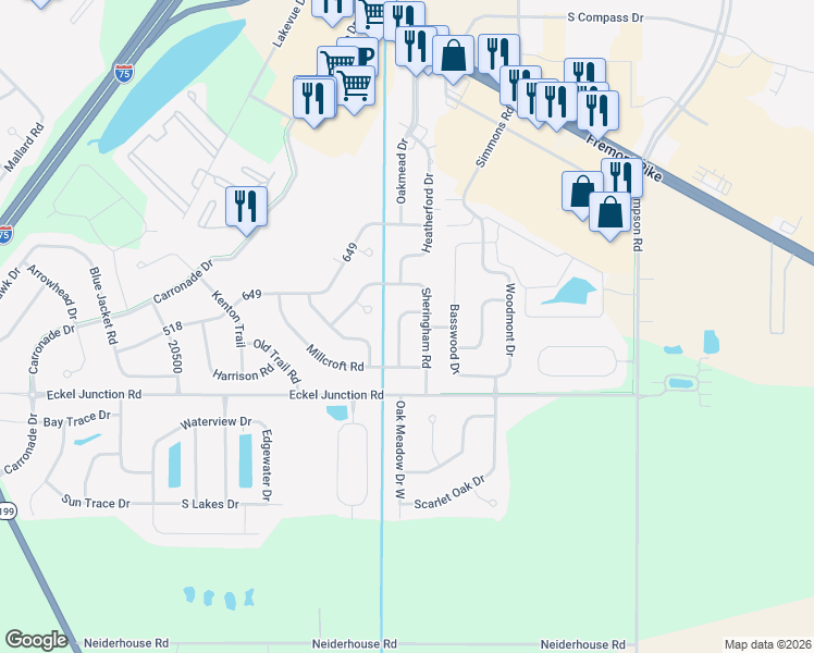 map of restaurants, bars, coffee shops, grocery stores, and more near 26599 Brentfield Road in Perrysburg