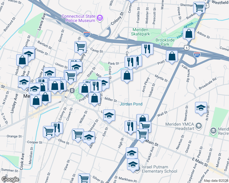 map of restaurants, bars, coffee shops, grocery stores, and more near 144 Miller Street in Meriden