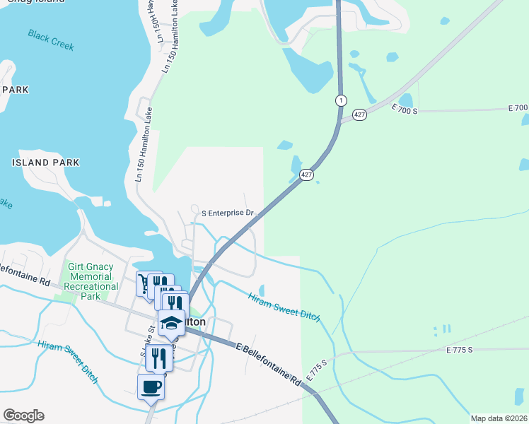 map of restaurants, bars, coffee shops, grocery stores, and more near Indiana 1 in Hamilton