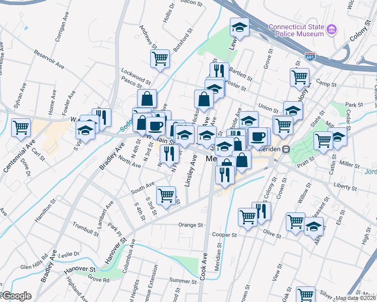 map of restaurants, bars, coffee shops, grocery stores, and more near 27 Linsley Avenue in Meriden
