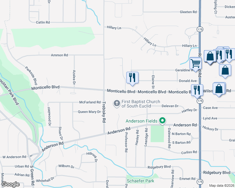 map of restaurants, bars, coffee shops, grocery stores, and more near 4778 Monticello Boulevard in Cleveland
