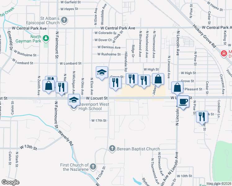 map of restaurants, bars, coffee shops, grocery stores, and more near 3102 West Locust Street in Davenport