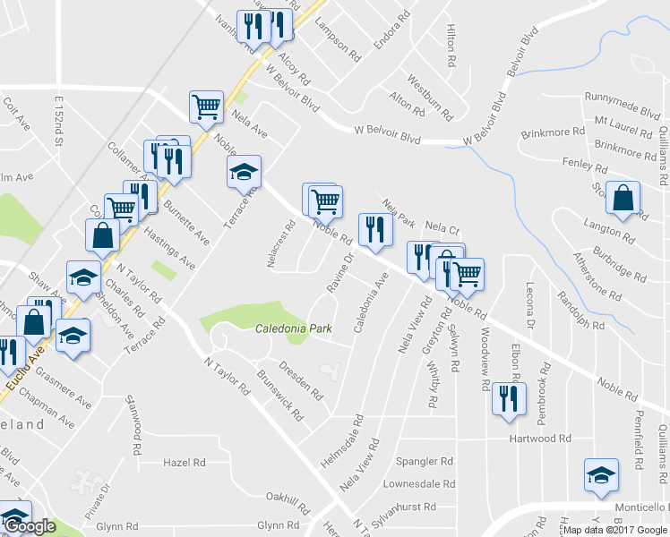 map of restaurants, bars, coffee shops, grocery stores, and more near 15999 Ravine Dr in Cleveland