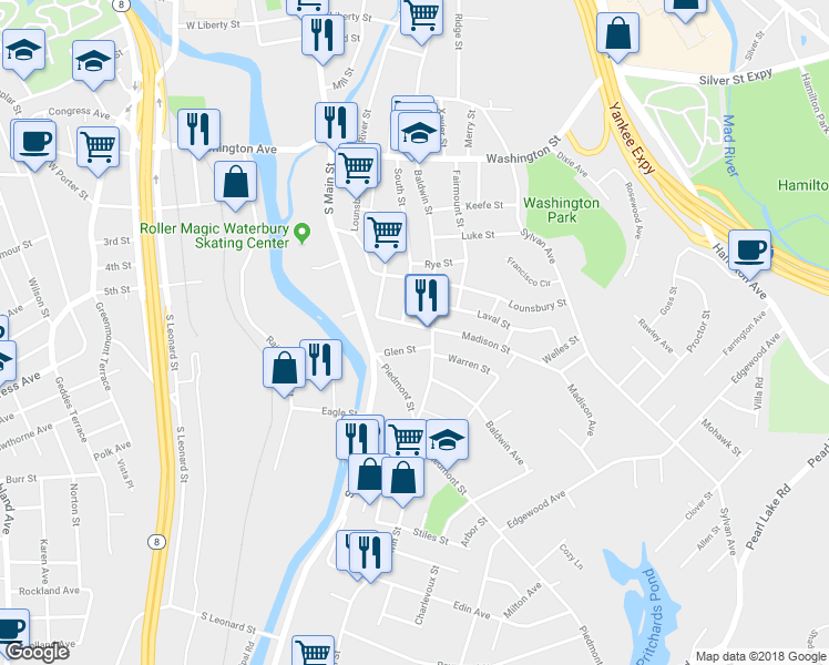 map of restaurants, bars, coffee shops, grocery stores, and more near 58 Madison Street in Waterbury