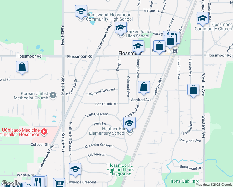 map of restaurants, bars, coffee shops, grocery stores, and more near 1248 Berry Lane in Flossmoor