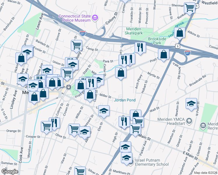 map of restaurants, bars, coffee shops, grocery stores, and more near 144 Miller Street in Meriden