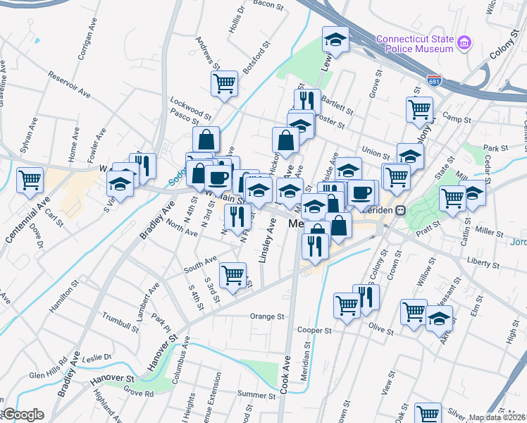 map of restaurants, bars, coffee shops, grocery stores, and more near 27 Linsley Avenue in Meriden