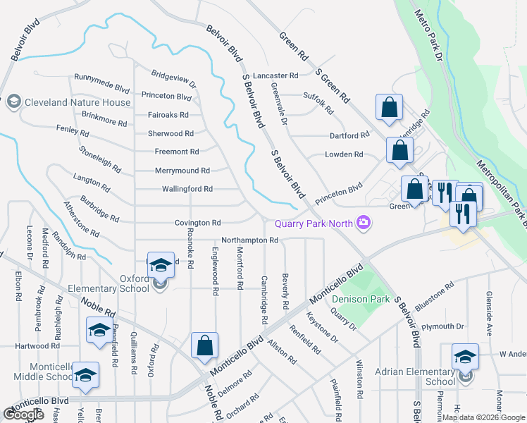 map of restaurants, bars, coffee shops, grocery stores, and more near 4058 Princeton Boulevard in South Euclid