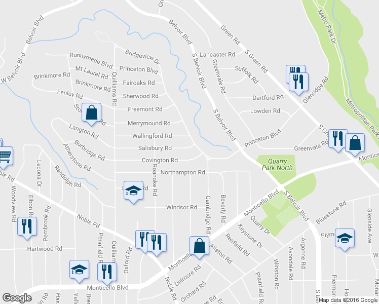 map of restaurants, bars, coffee shops, grocery stores, and more near 3900 Covington Road in South Euclid