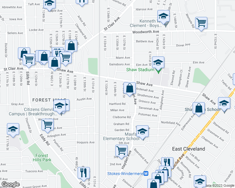 map of restaurants, bars, coffee shops, grocery stores, and more near 1476 East 135th Street in East Cleveland