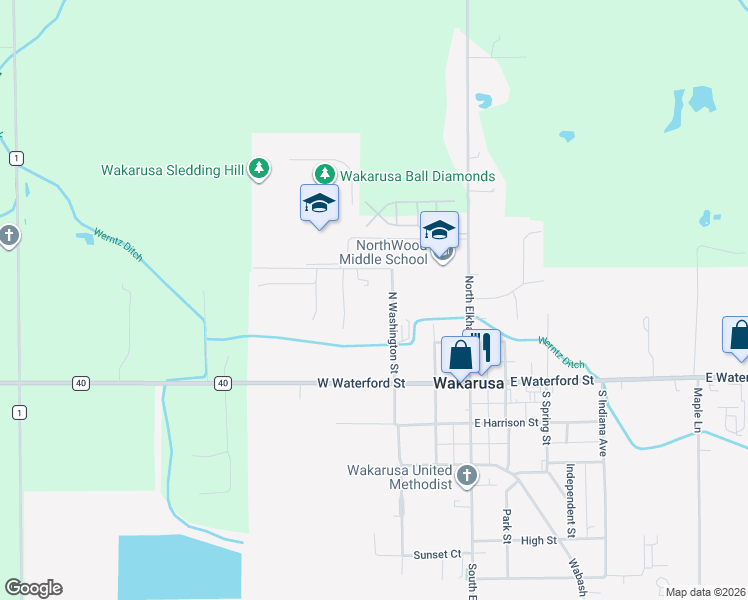 map of restaurants, bars, coffee shops, grocery stores, and more near 300 North Washington Street in Wakarusa