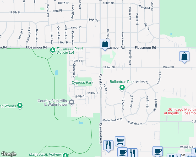 map of restaurants, bars, coffee shops, grocery stores, and more near 19319 Oakwood Avenue in Country Club Hills