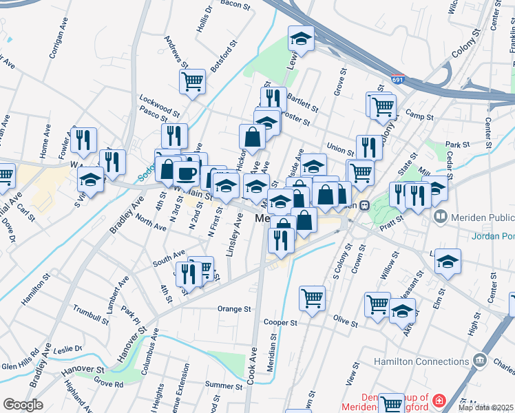 map of restaurants, bars, coffee shops, grocery stores, and more near 19 Randolph Avenue in Meriden