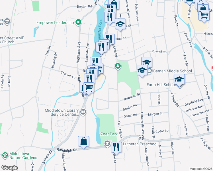 map of restaurants, bars, coffee shops, grocery stores, and more near 70 Bielefield Road in Middletown