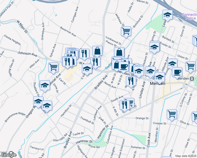 map of restaurants, bars, coffee shops, grocery stores, and more near 72 Bradley Avenue in Meriden